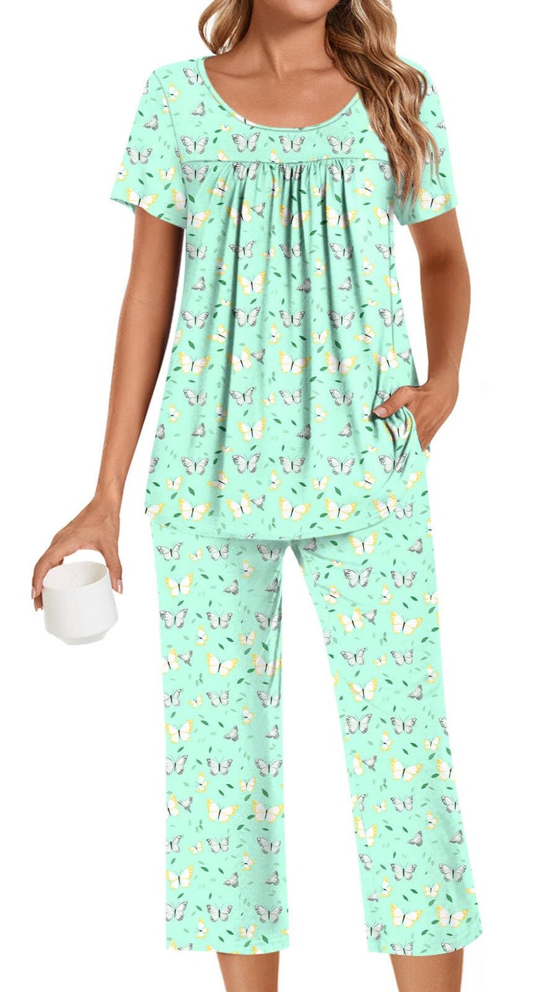 POPYOUNG Womens Pajama Sets Summer Ladies Pjs 2 Piece Loungewear Capri with Pockets Sleepwear L, Colorful Green Butterfly - Image 1