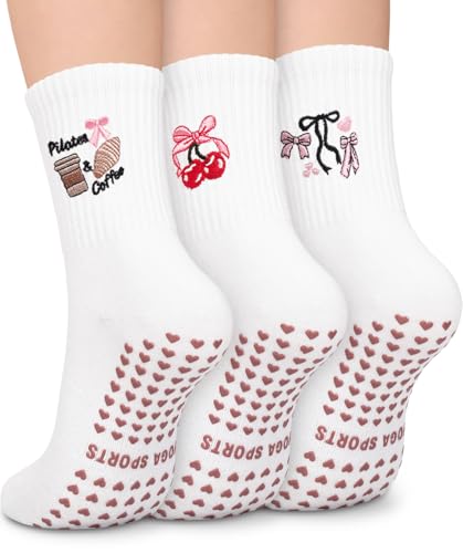 BLONGW Pilates Socks for Women, Cute Non-Slip Grip Crew Socks for Yoga, Barre, Hospital, Barefoot Workout, 3 Pairs - Image 1