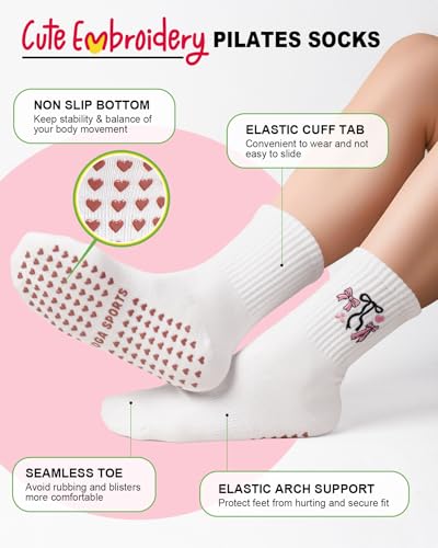 BLONGW Pilates Socks for Women, Cute Non-Slip Grip Crew Socks for Yoga, Barre, Hospital, Barefoot Workout, 3 Pairs - Image 3