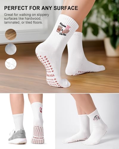 BLONGW Pilates Socks for Women, Cute Non-Slip Grip Crew Socks for Yoga, Barre, Hospital, Barefoot Workout, 3 Pairs - Image 4