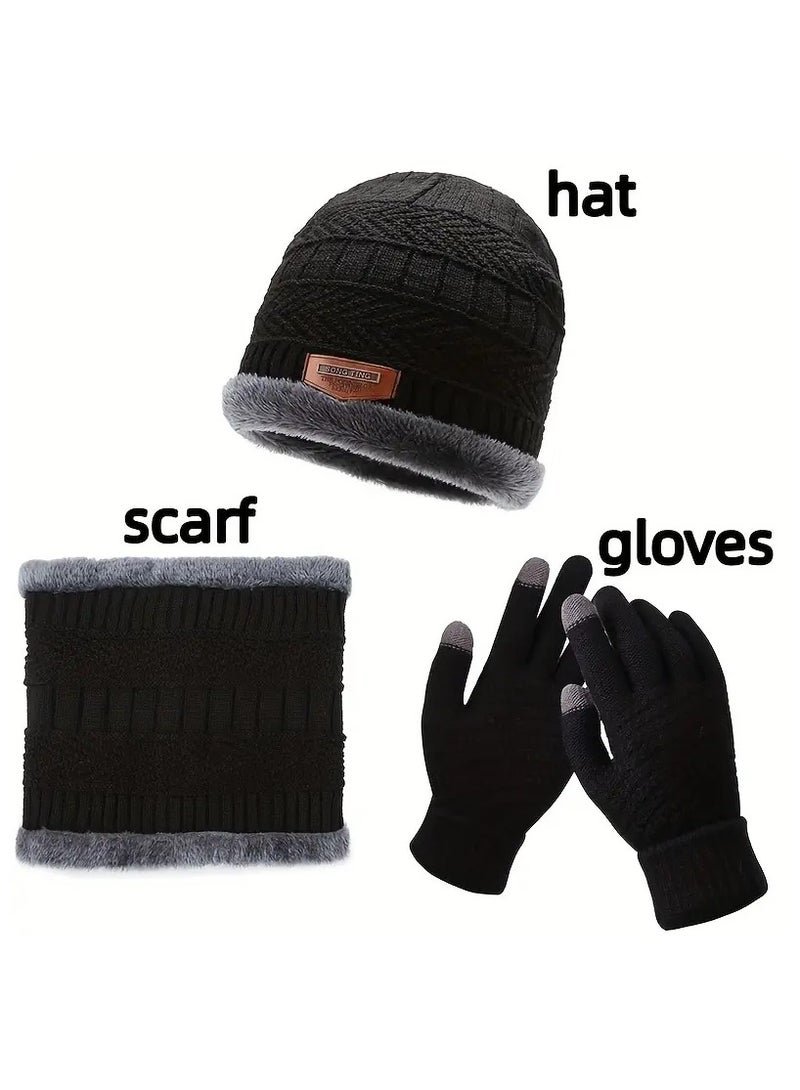 Loquat 3 Pcs Cuff Knit Hat  Neck Warmer  Gloves Set   Ear Protection Warm Hat Neck Cover Letter Patched Thermal Hat And Fleece Neck Warmer Scarf And Winter Full Finger Gloves For Women  Men - Image 4