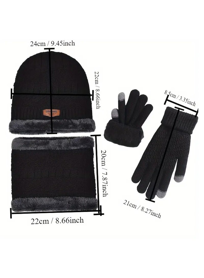 Loquat 3 Pcs Cuff Knit Hat  Neck Warmer  Gloves Set   Ear Protection Warm Hat Neck Cover Letter Patched Thermal Hat And Fleece Neck Warmer Scarf And Winter Full Finger Gloves For Women  Men - Image 3