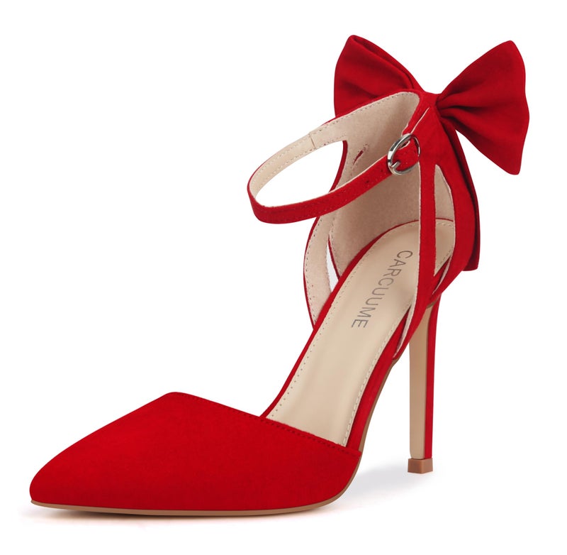 Carcuume Women's Closed Toe Heels Bow Stiletto Heel Sandals Pointed Toe Pumps Wedding Shoes, BELLEOO-RED-8 - Image 1