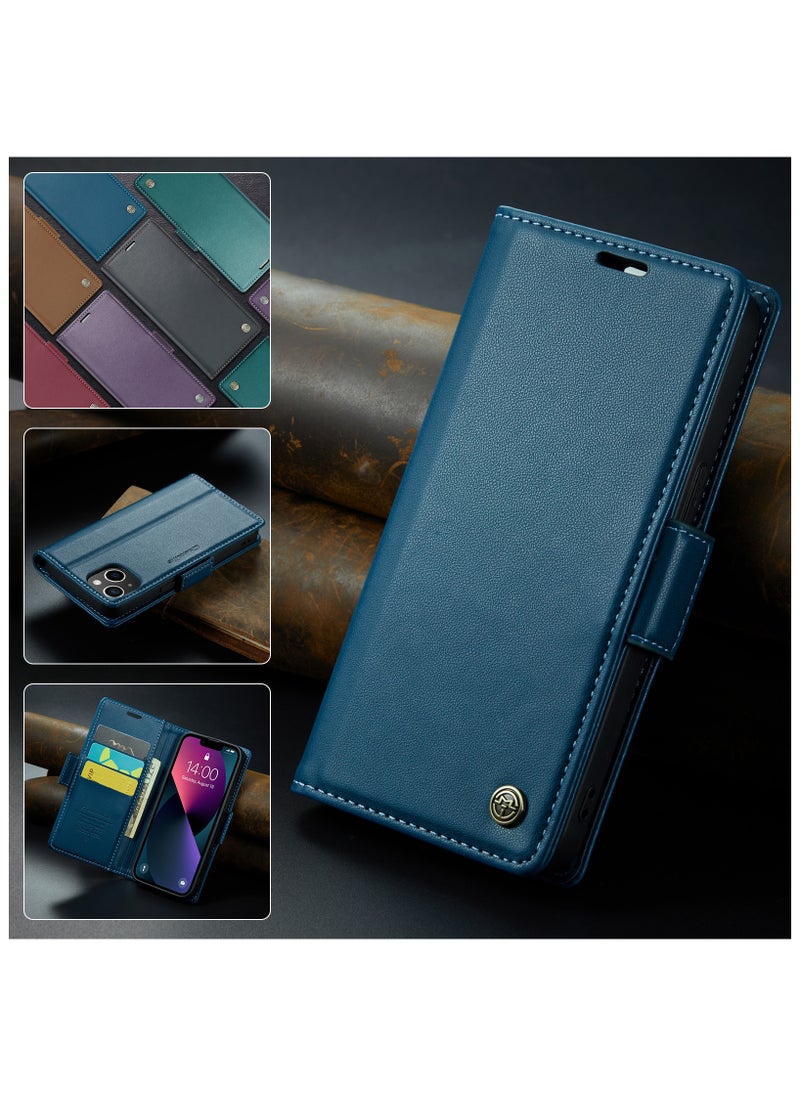 Flip Wallet Case for iPhone 14 Plus, Leather Magnetic Attachment Flip Case Blue  - Image 4