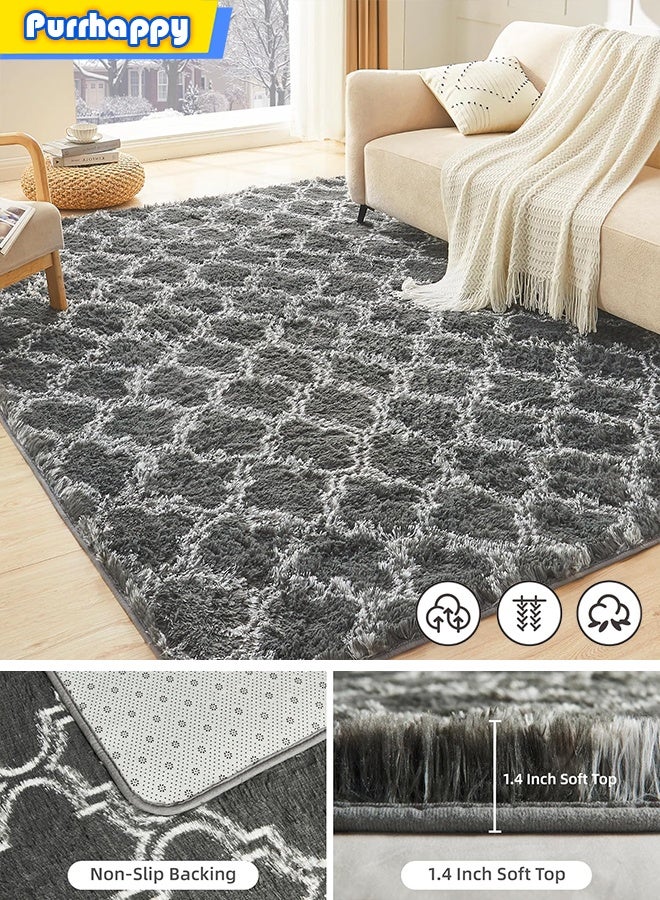 Purrhappy Geometric Shag Area Rug for Bedroom, 160*120cm Dark Grey and White High Pile Ultra Large Soft Plush Shaggy Furry Bedside Playroom Dorm Carpet, Non-Slip, Non-Shedding Indoor Floor Rug - Image 1