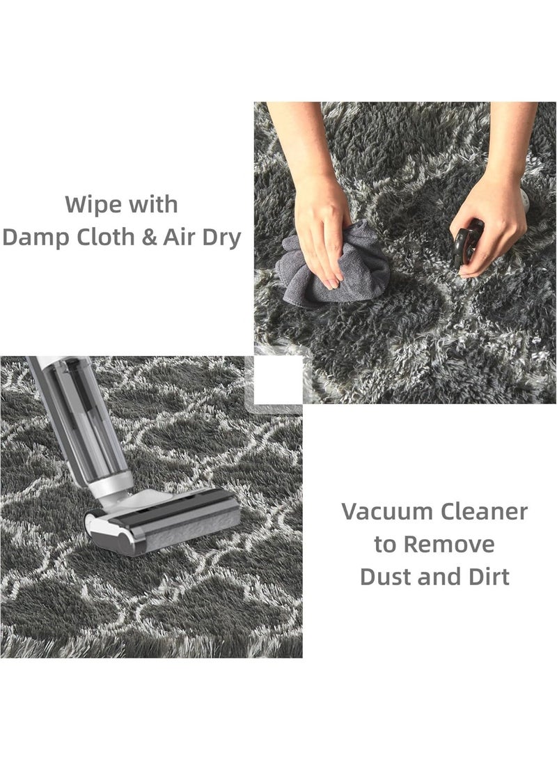 Purrhappy Geometric Shag Area Rug for Bedroom, 160*120cm Dark Grey and White High Pile Ultra Large Soft Plush Shaggy Furry Bedside Playroom Dorm Carpet, Non-Slip, Non-Shedding Indoor Floor Rug - Image 4