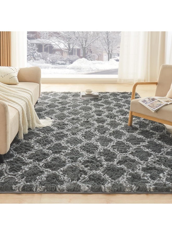 Purrhappy Geometric Shag Area Rug for Bedroom, 160*120cm Dark Grey and White High Pile Ultra Large Soft Plush Shaggy Furry Bedside Playroom Dorm Carpet, Non-Slip, Non-Shedding Indoor Floor Rug - Image 5