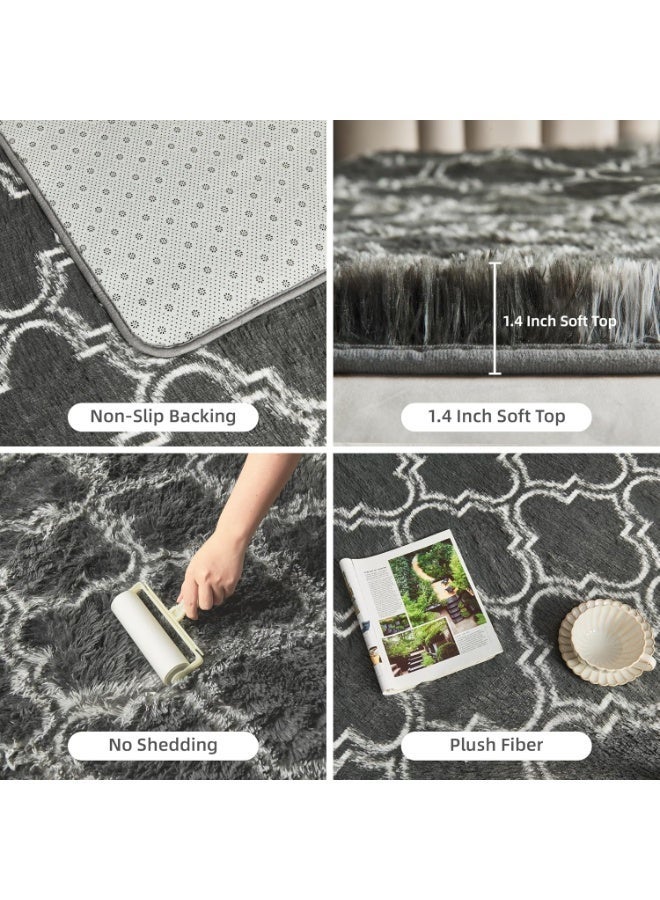 Purrhappy Geometric Shag Area Rug for Bedroom, 160*120cm Dark Grey and White High Pile Ultra Large Soft Plush Shaggy Furry Bedside Playroom Dorm Carpet, Non-Slip, Non-Shedding Indoor Floor Rug - Image 3