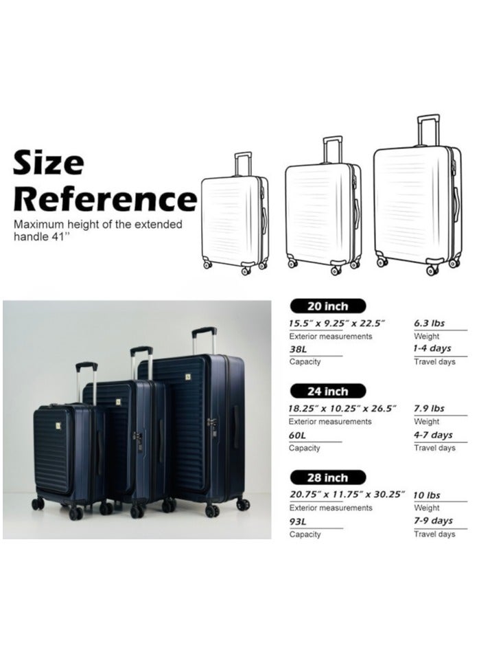 سوا & سي مجموعة حقائب سفر متينة من 3 قطع، مصنوعة من مادة ABS+PC عالية الجودة، بفتحة أمامية غير قابلة للكسر، خفيفة الوزن مع مساحة تخزين إضافية قابلة للتوسيع حتى 25%، حقائب بعجلات مزودة بأربع عجلات دوارة مزدوجة، قفل معتمد من إدارة أمن النقل (TSA)، وحقائب سفر متينة - 12 كجم، 23 كجم، 35 كجم - 20 بوصة / 24 بوصة / 28 بوصة - أزرق داكن - Image 4