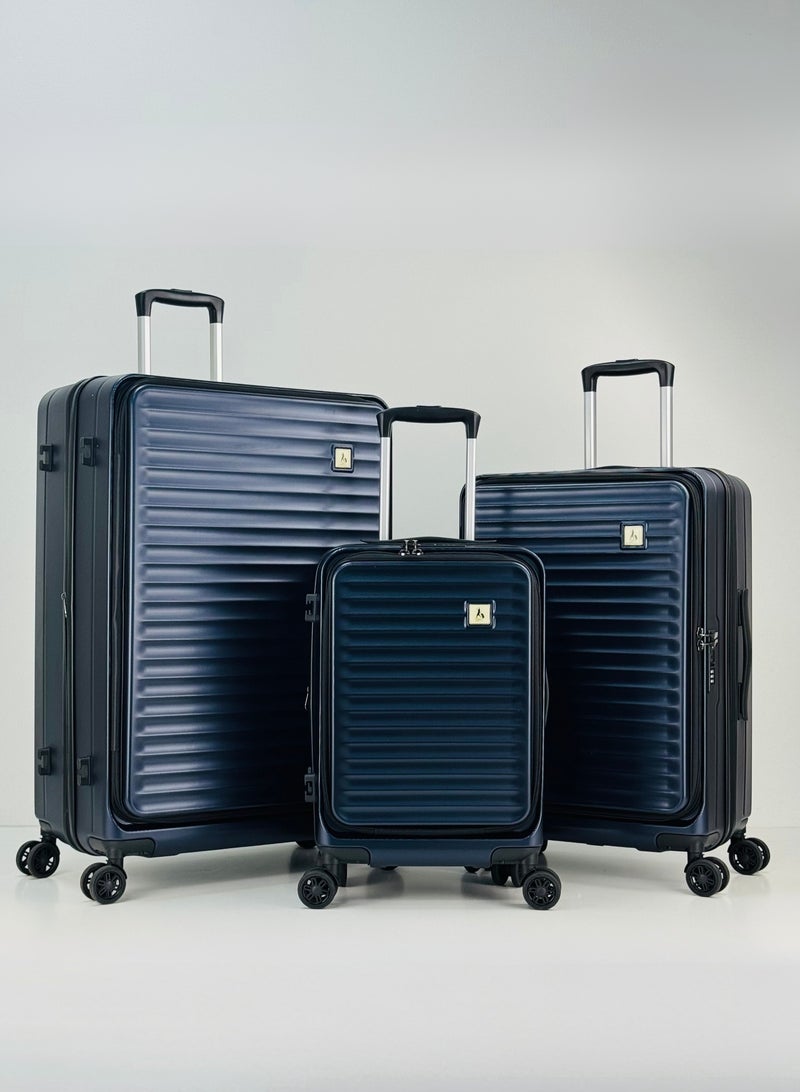 سوا & سي مجموعة حقائب سفر متينة من 3 قطع، مصنوعة من مادة ABS+PC عالية الجودة، بفتحة أمامية غير قابلة للكسر، خفيفة الوزن مع مساحة تخزين إضافية قابلة للتوسيع حتى 25%، حقائب بعجلات مزودة بأربع عجلات دوارة مزدوجة، قفل معتمد من إدارة أمن النقل (TSA)، وحقائب سفر متينة - 12 كجم، 23 كجم، 35 كجم - 20 بوصة / 24 بوصة / 28 بوصة - أزرق داكن - Image 1