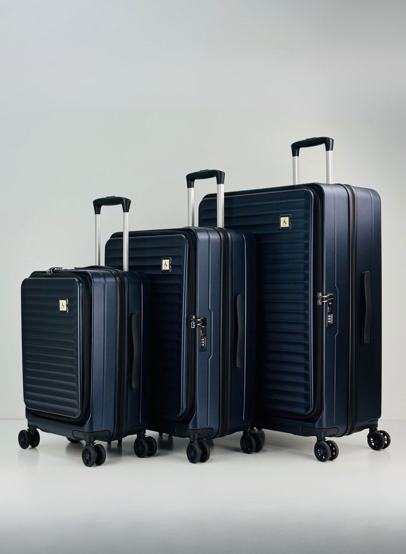 سوا & سي مجموعة حقائب سفر متينة من 3 قطع، مصنوعة من مادة ABS+PC عالية الجودة، بفتحة أمامية غير قابلة للكسر، خفيفة الوزن مع مساحة تخزين إضافية قابلة للتوسيع حتى 25%، حقائب بعجلات مزودة بأربع عجلات دوارة مزدوجة، قفل معتمد من إدارة أمن النقل (TSA)، وحقائب سفر متينة - 12 كجم، 23 كجم، 35 كجم - 20 بوصة / 24 بوصة / 28 بوصة - أزرق داكن - Image 2