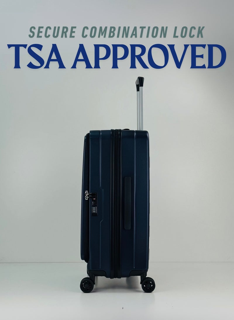 سوا & سي مجموعة حقائب سفر متينة من 3 قطع، مصنوعة من مادة ABS+PC عالية الجودة، بفتحة أمامية غير قابلة للكسر، خفيفة الوزن مع مساحة تخزين إضافية قابلة للتوسيع حتى 25%، حقائب بعجلات مزودة بأربع عجلات دوارة مزدوجة، قفل معتمد من إدارة أمن النقل (TSA)، وحقائب سفر متينة - 12 كجم، 23 كجم، 35 كجم - 20 بوصة / 24 بوصة / 28 بوصة - أزرق داكن - Image 5