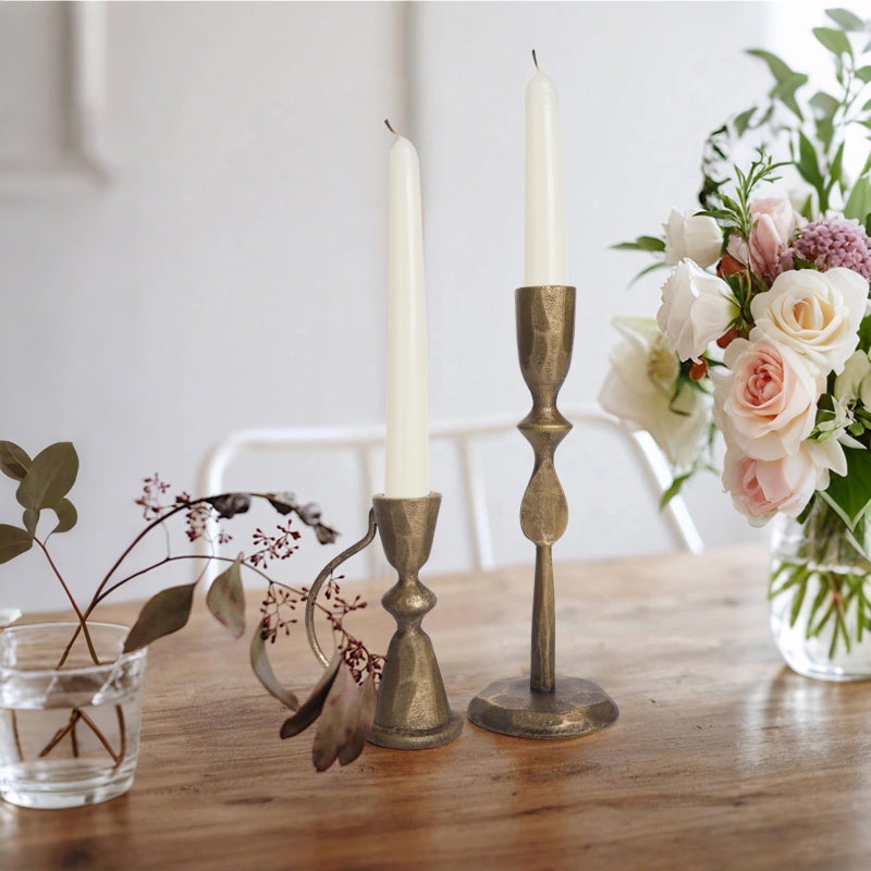 SUJUN Antique Brass Cast Iron Candle Holders Set of 2 â€“ Vintage Decorative Taper Candlesticks for Table Centerpieces and Home Decor - Image 3