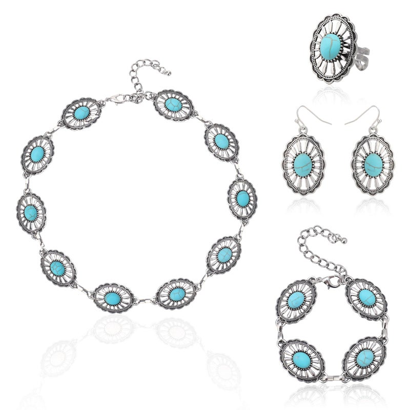 JMScape 4 PCS Western Turquoise Jewelry for Women Boho Vintage Navajo Pearl Necklace Earring Bracelet Ring Set Country Cowgirl Accessories for Gift (L-Blue) - Image 1
