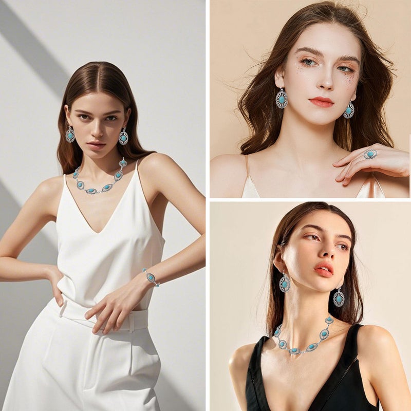 JMScape 4 PCS Western Turquoise Jewelry for Women Boho Vintage Navajo Pearl Necklace Earring Bracelet Ring Set Country Cowgirl Accessories for Gift (L-Blue) - Image 4