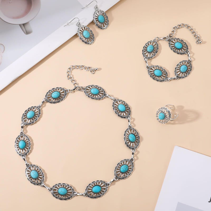 JMScape 4 PCS Western Turquoise Jewelry for Women Boho Vintage Navajo Pearl Necklace Earring Bracelet Ring Set Country Cowgirl Accessories for Gift (L-Blue) - Image 3