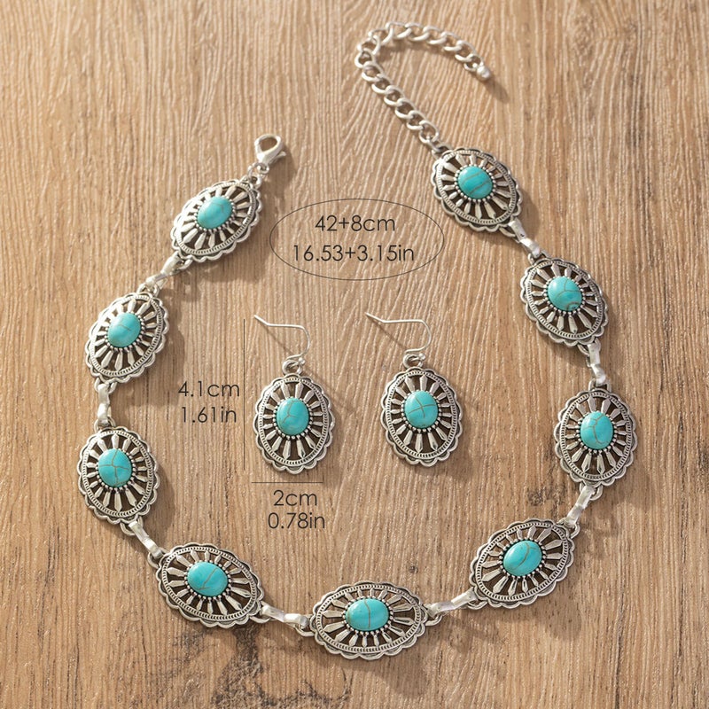 JMScape 4 PCS Western Turquoise Jewelry for Women Boho Vintage Navajo Pearl Necklace Earring Bracelet Ring Set Country Cowgirl Accessories for Gift (L-Blue) - Image 5