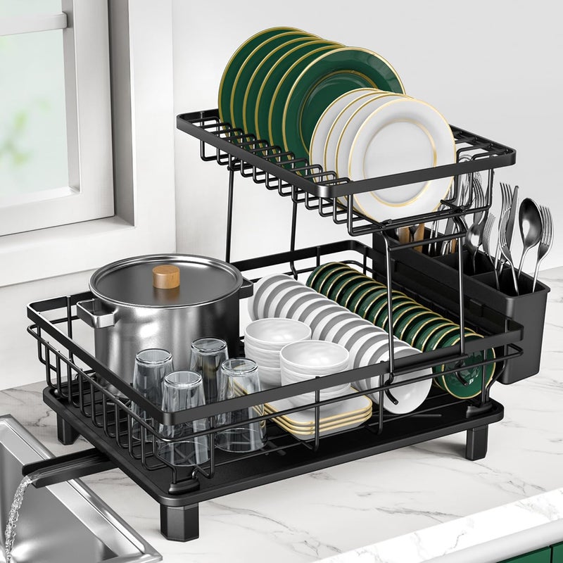 Rottogoon Large Dish Drying Rack, 2-Tier Stainless Steel Dish Racks for Kitchen Counter, Durable Dish Drainer with Drainboard, Drainage, Utensil Holder for Various Kitchenware, Black - Image 1