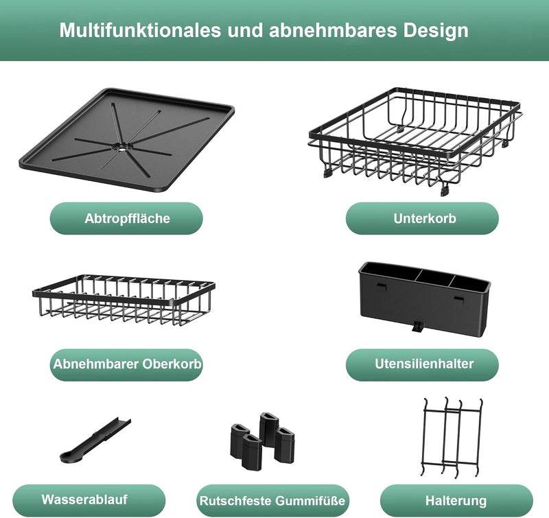 Rottogoon Large Dish Drying Rack, 2-Tier Stainless Steel Dish Racks for Kitchen Counter, Durable Dish Drainer with Drainboard, Drainage, Utensil Holder for Various Kitchenware, Black - Image 5