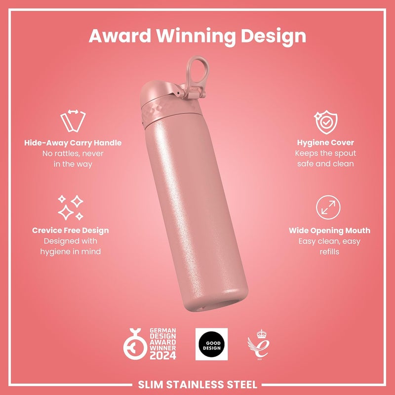 ION8 Lightweight Steel Water Bottle, 600 ml/20 oz, Non-Insulated, Leak Proof, Easy to Open, Secure Lock, Dishwasher Safe, Flip Cover, Fits Cup Holders, Carry Handle, Metal Water Bottle, Ash Rose - Image 5