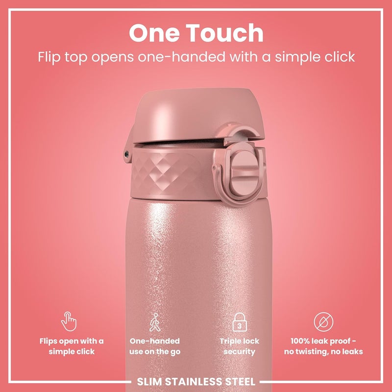 ION8 Lightweight Steel Water Bottle, 600 ml/20 oz, Non-Insulated, Leak Proof, Easy to Open, Secure Lock, Dishwasher Safe, Flip Cover, Fits Cup Holders, Carry Handle, Metal Water Bottle, Ash Rose - Image 2