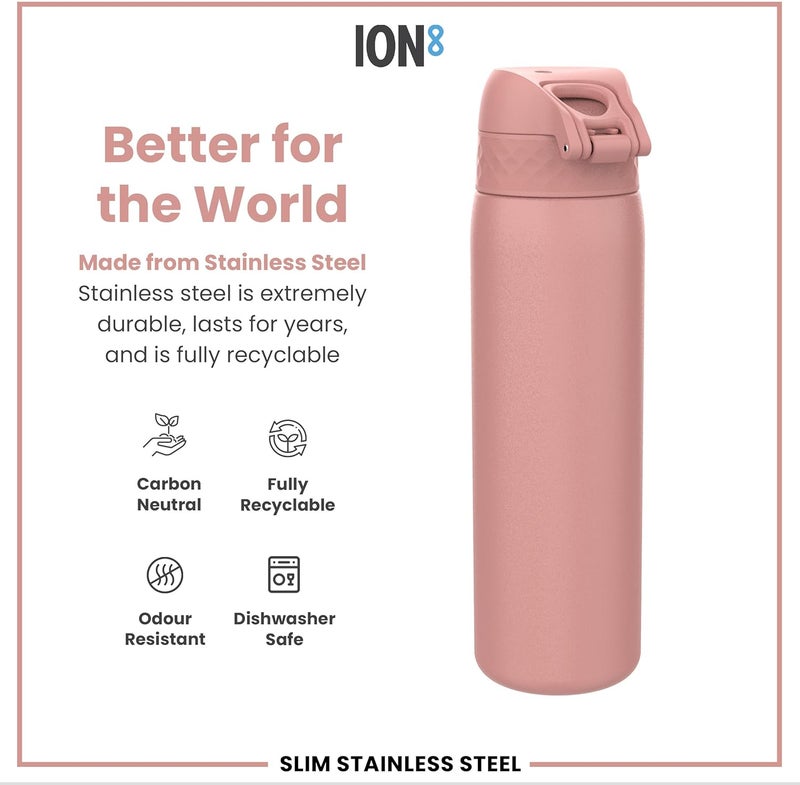 ION8 Lightweight Steel Water Bottle, 600 ml/20 oz, Non-Insulated, Leak Proof, Easy to Open, Secure Lock, Dishwasher Safe, Flip Cover, Fits Cup Holders, Carry Handle, Metal Water Bottle, Ash Rose - Image 4