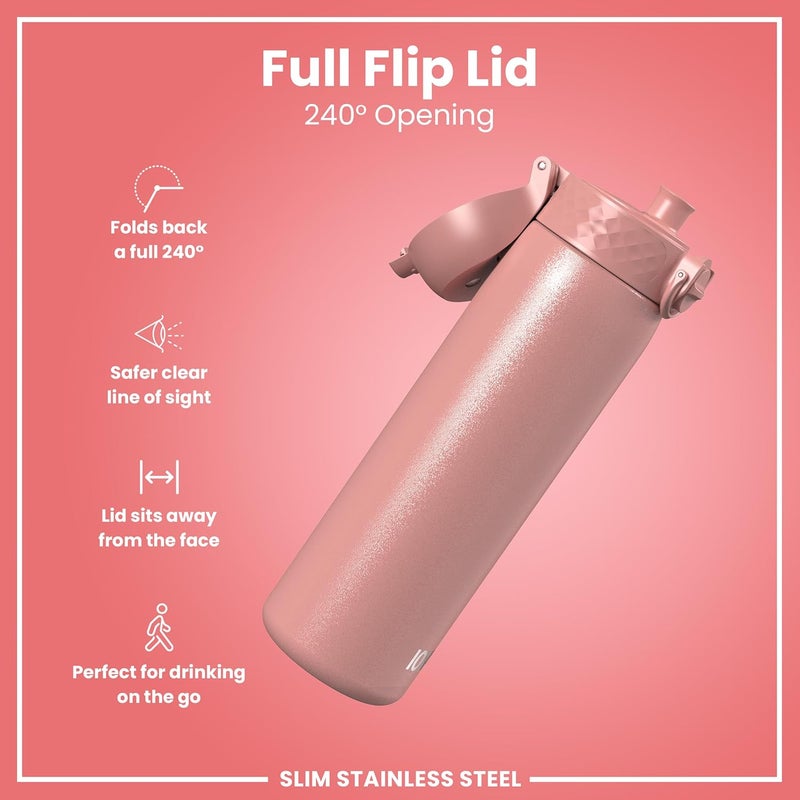 ION8 Lightweight Steel Water Bottle, 600 ml/20 oz, Non-Insulated, Leak Proof, Easy to Open, Secure Lock, Dishwasher Safe, Flip Cover, Fits Cup Holders, Carry Handle, Metal Water Bottle, Ash Rose - Image 3