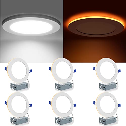 Meconard 6 Pack 6 Inch 5CCT LED Recessed Lighting with Night Light, 2700K/3000K/3500K/4000K/5000K Selectable Ultra-Thin LED Recessed Ceiling Lights, 12W=110W, 1050LM, Dimmable Canless Wafer Downlight - Image 1