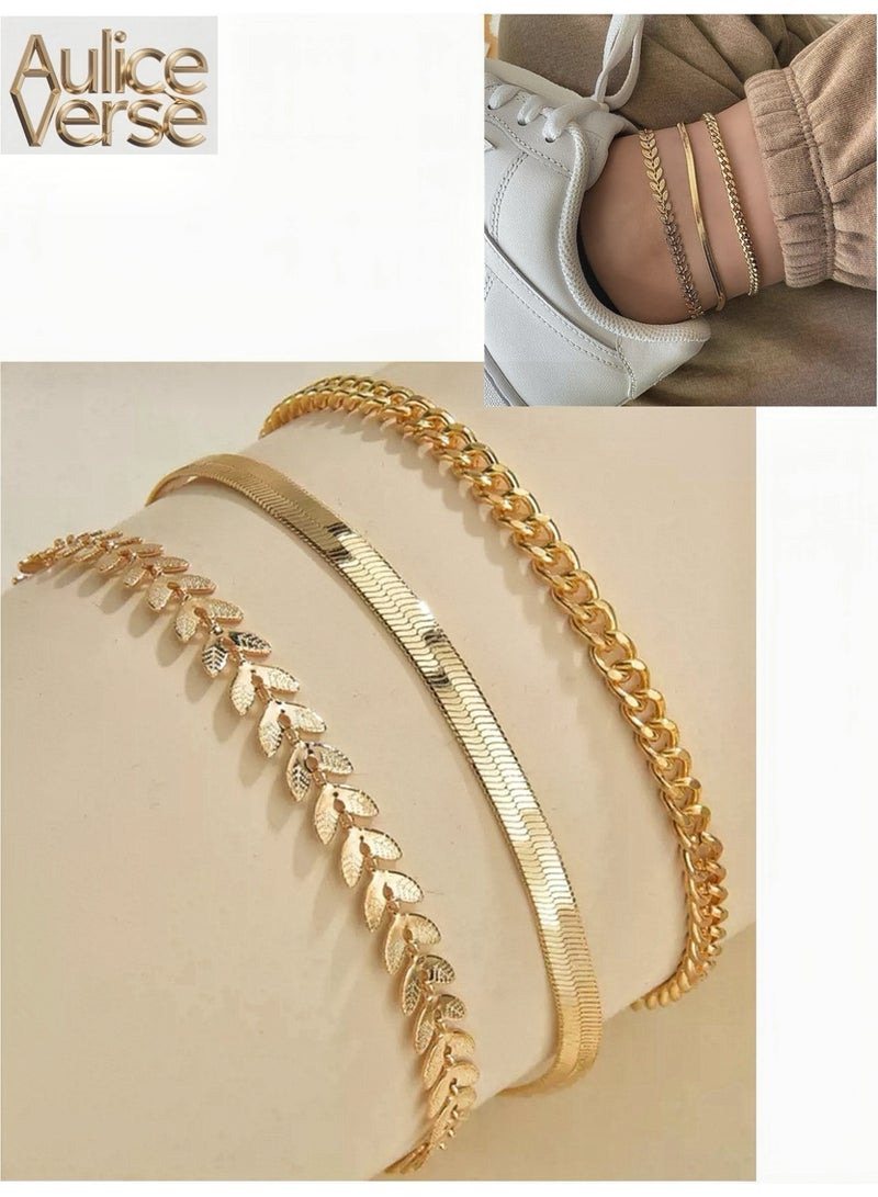 AuliceVerse Women's Stainless Steel Anklet Set of 3 Flat Snake Chain & Wheat Pattern Dainty Layered Anklets for Daily Wear & Summer Beach - Image 1
