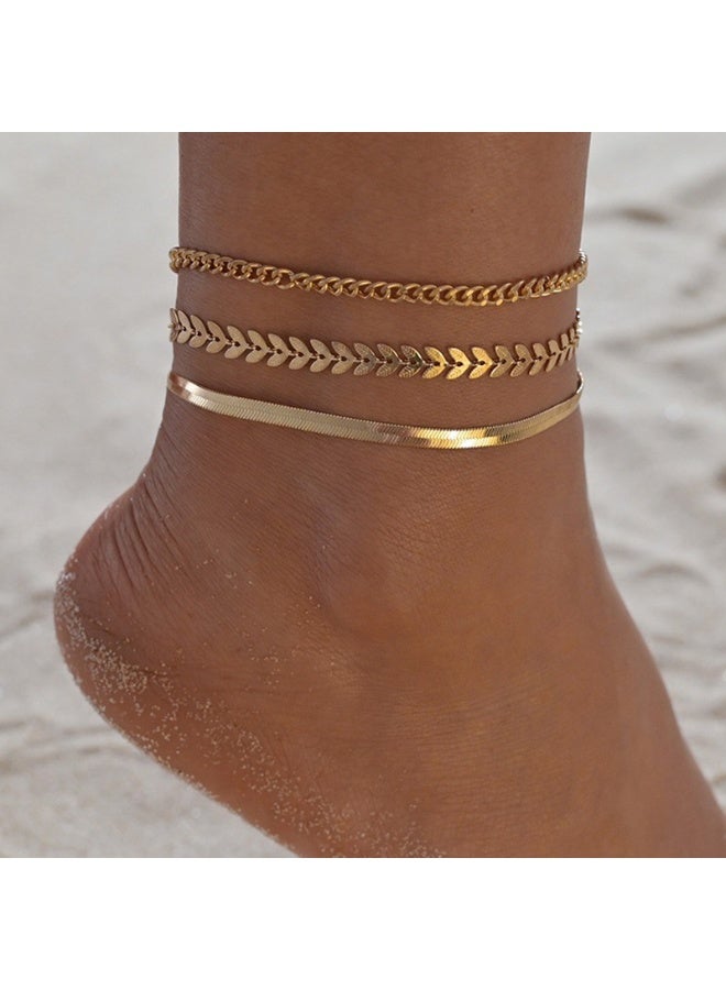 AuliceVerse Women's Stainless Steel Anklet Set of 3 Flat Snake Chain & Wheat Pattern Dainty Layered Anklets for Daily Wear & Summer Beach - Image 4