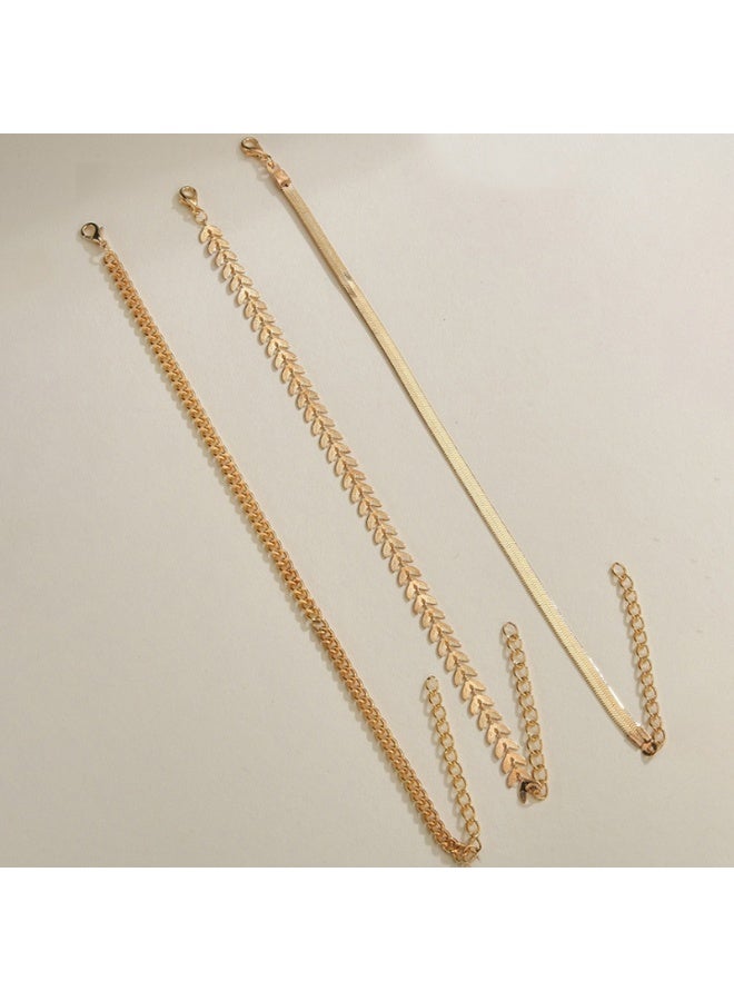 AuliceVerse Women's Stainless Steel Anklet Set of 3 Flat Snake Chain & Wheat Pattern Dainty Layered Anklets for Daily Wear & Summer Beach - Image 3