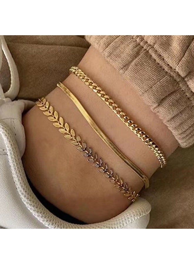 AuliceVerse Women's Stainless Steel Anklet Set of 3 Flat Snake Chain & Wheat Pattern Dainty Layered Anklets for Daily Wear & Summer Beach - Image 1