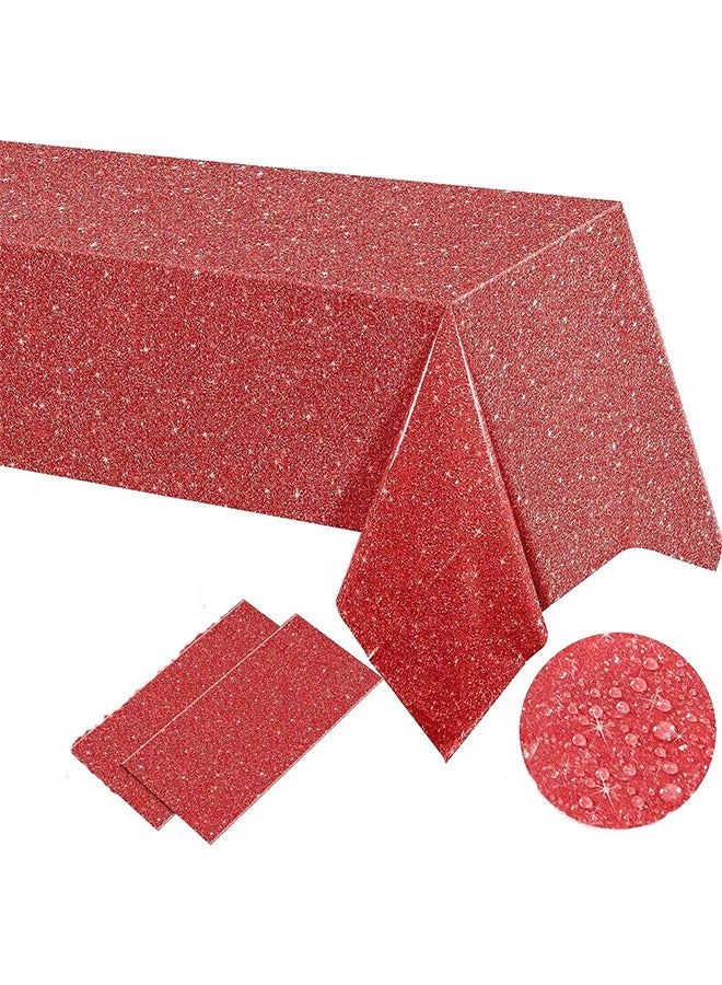2 Piece Red Birthday Disposable Party Tablecloth Printed Plastic Table Cover Glitter Diamonds Happy Birthday Background for Girl Wedding  - Image 1