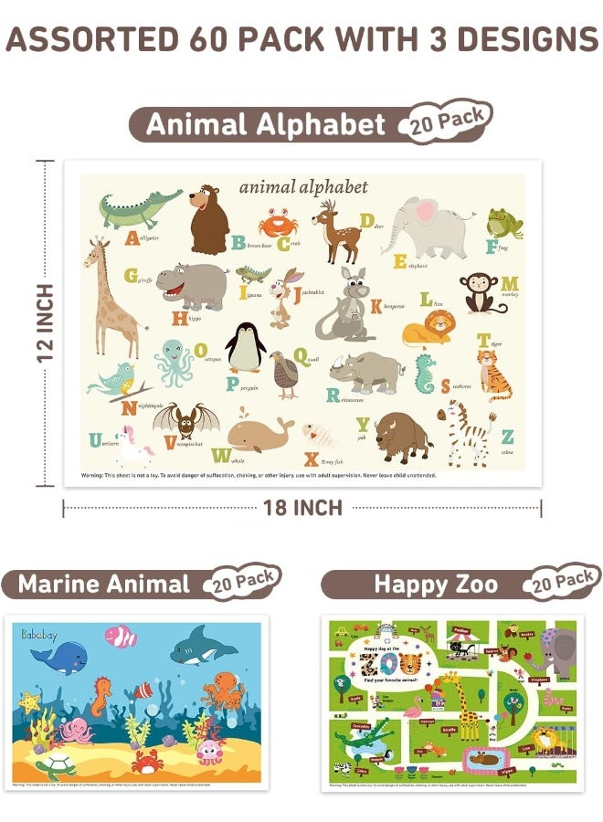 Babebay Disposable Placemats for Baby, 60 Pack Sticky Toddler Placemat for Restaurants, Dining Table, Party, Travel, 12" x 18" with 3 Designs - Image 2