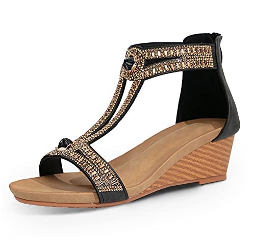 FRALOSHA Wedge Sandals for Women Open Toe Casual Summer Roman High Heel Breathable Beach Sandals Black 8 - Image 1