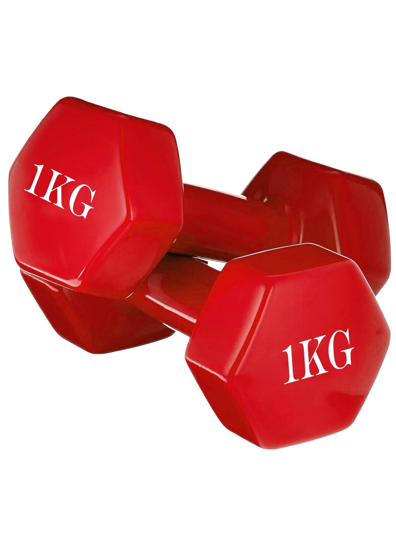 Generic Double Dumbbells Vinyl Hexagon Hand Weights For Muscle Training 1KG, Red  - Image 1