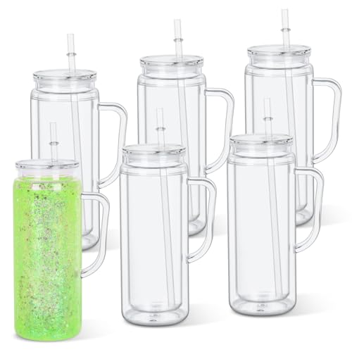 Micellwuu 20 Oz 6 Pack Acrylic Snowglobe Tumbler With Handle, Snow Globe Cups with Pre Drilled Hole, Double Wall Plastic Cup With Handle for Snow Globe Glitter DIY (Clear) - Image 1