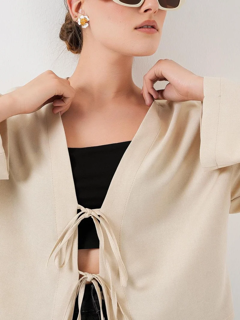 Big Dart Cream Natural BDART Viscose Blend V-Neck Long Sleeve Kimono with Binding Detail for Women | Best Price UAE