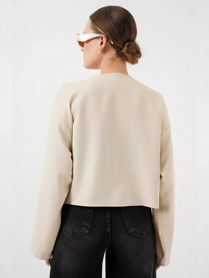 Big Dart Cream Natural BDART Viscose Blend V-Neck Long Sleeve Kimono with Binding Detail for Women | Best Price UAE