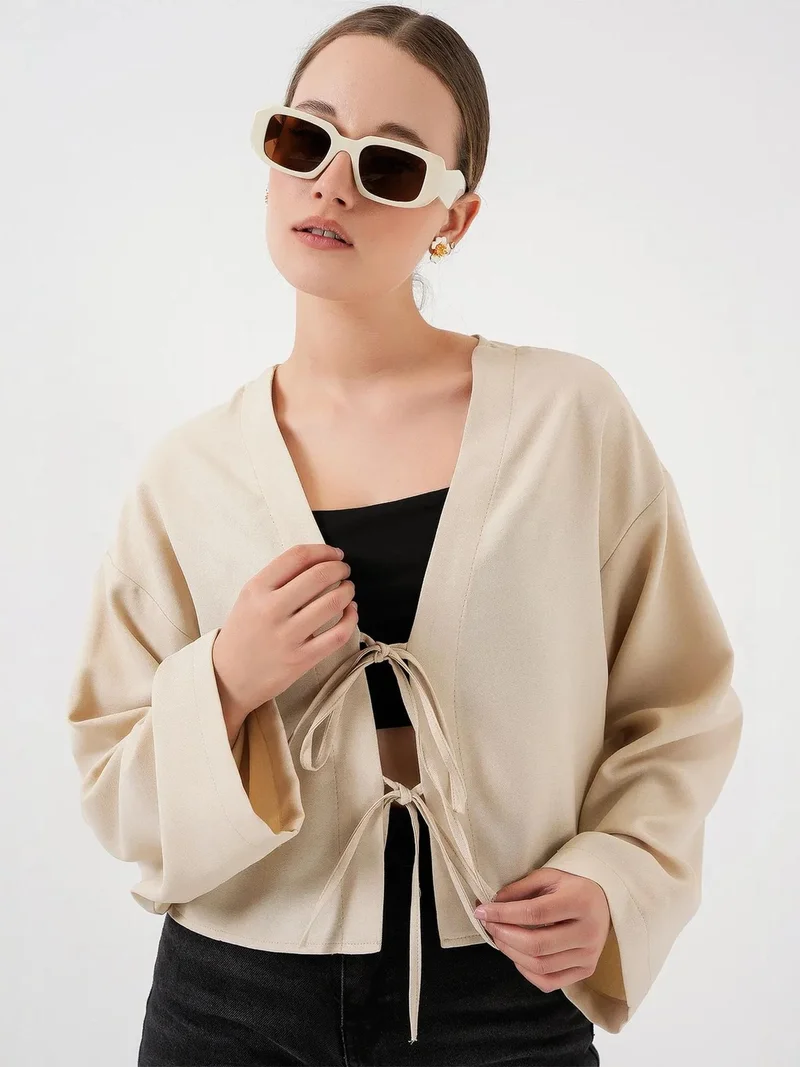 Big Dart Cream Natural BDART Viscose Blend V-Neck Long Sleeve Kimono with Binding Detail for Women | Best Price UAE