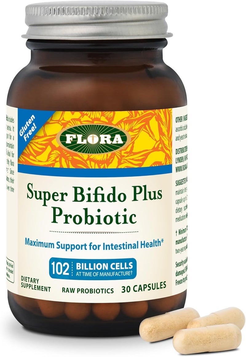 Flora Super Bifido Plus 102 Billion CFU Raw Probiotics for Men  Women Bifidobacterium Lactobacillus Digestion IBS Immune System Gut Balance Supplements  30 Vegetarian Capsules - Image 1