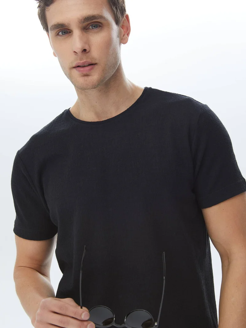 كيب Black Jacquard Crew Neck Cotton Blend T-Shirt