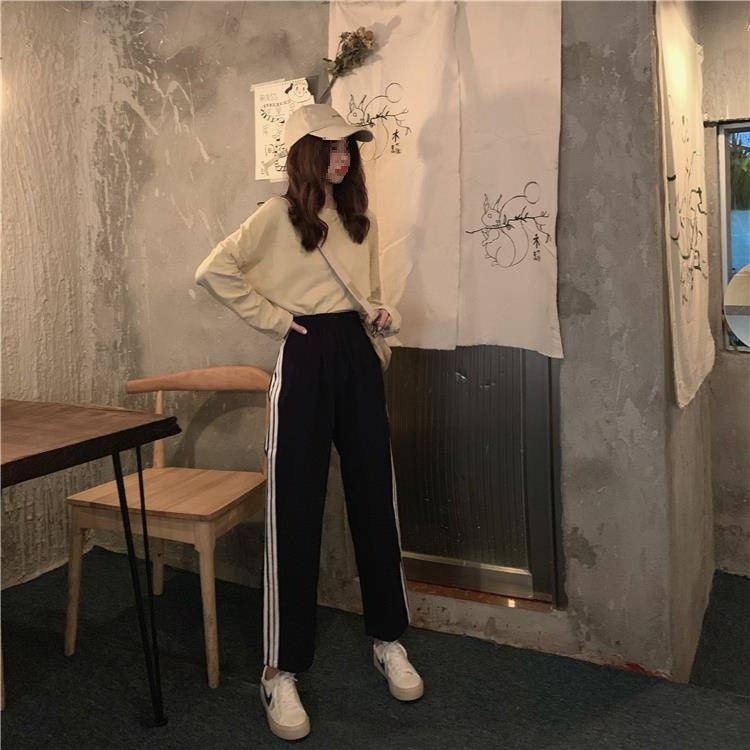 261-1 fleece-lined Thickened Casual Pants Wide Leg Pants Fall/Winter Korean Student Loose Sports Pants Three Bar Pants Black  - Image 5