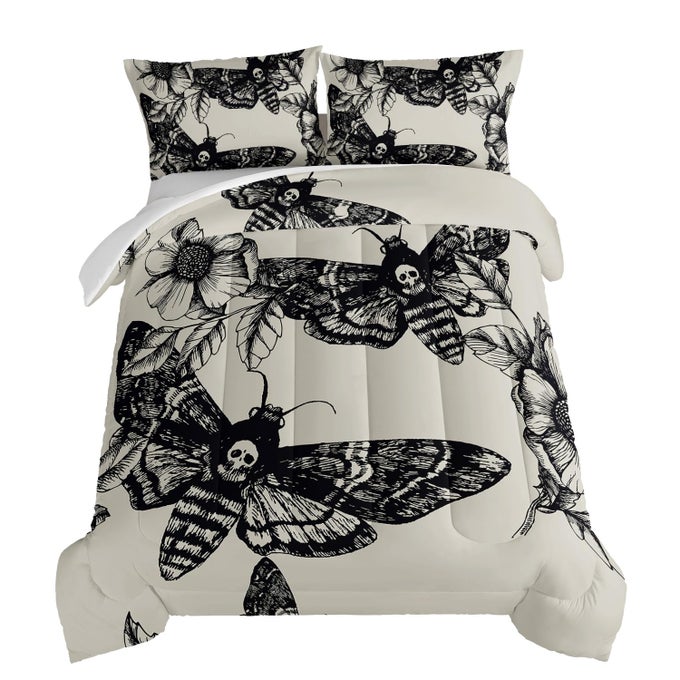 GOTHIC DECOR COMFORTER SETDEATH MOTH SKULL HEADS PATTERN HALLOWEEN BED SET QUEEN SIZE FOR BOYS ROOM DECOR TWIN BED IN A BAG FOR TEENS WITH 2 PILLOWCASES