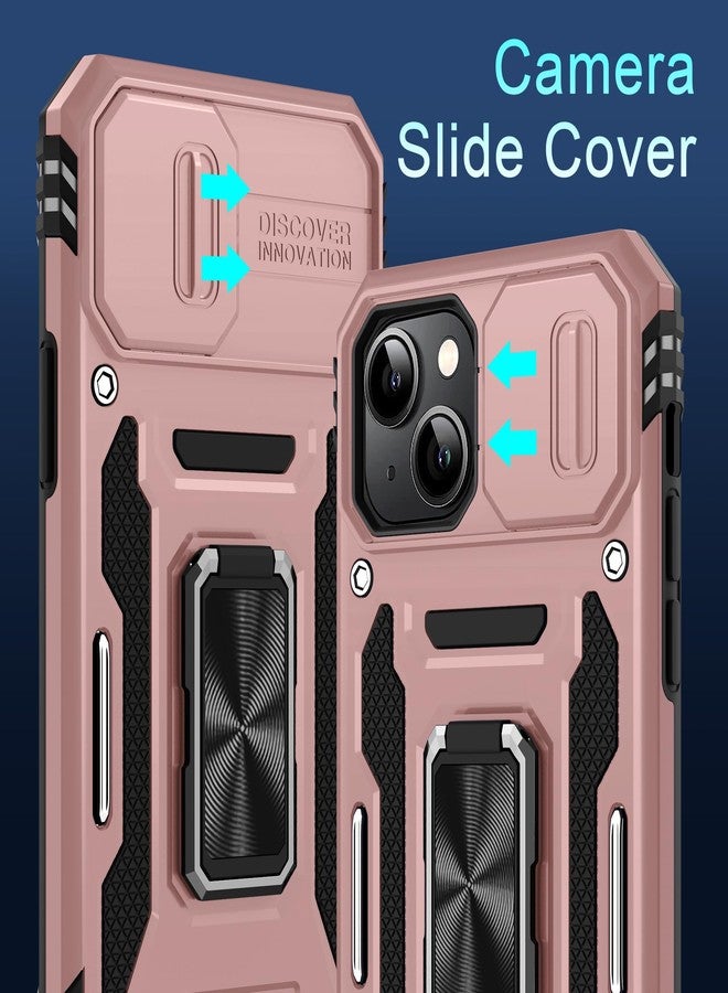 DEERLAMN جراب DEERLAMN لهاتف iPhone 13/iPhone 14 مقاس 6.1 بوصة مع غطاء كاميرا منزلق + واقي شاشة (عبوتان)، غطاء حماية مقاوم للصدمات بمسند حلقي دوار - ذهبي وردي - Image 3