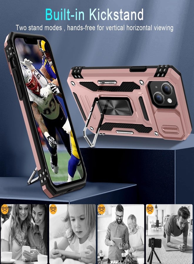 DEERLAMN جراب DEERLAMN لهاتف iPhone 13/iPhone 14 مقاس 6.1 بوصة مع غطاء كاميرا منزلق + واقي شاشة (عبوتان)، غطاء حماية مقاوم للصدمات بمسند حلقي دوار - ذهبي وردي - Image 5