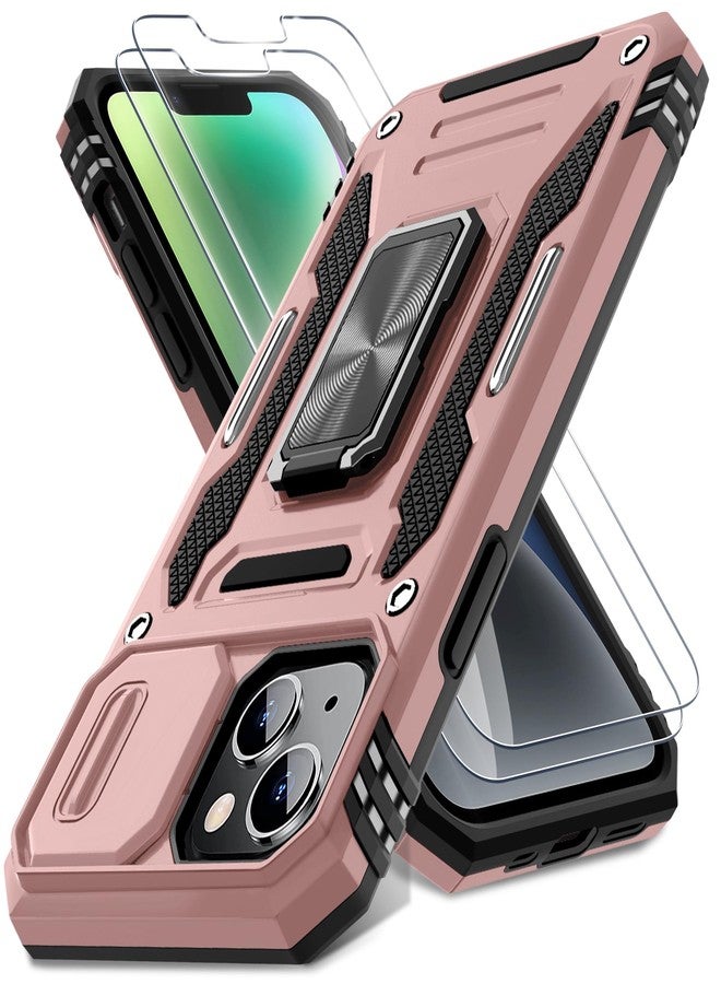DEERLAMN جراب DEERLAMN لهاتف iPhone 13/iPhone 14 مقاس 6.1 بوصة مع غطاء كاميرا منزلق + واقي شاشة (عبوتان)، غطاء حماية مقاوم للصدمات بمسند حلقي دوار - ذهبي وردي - Image 1