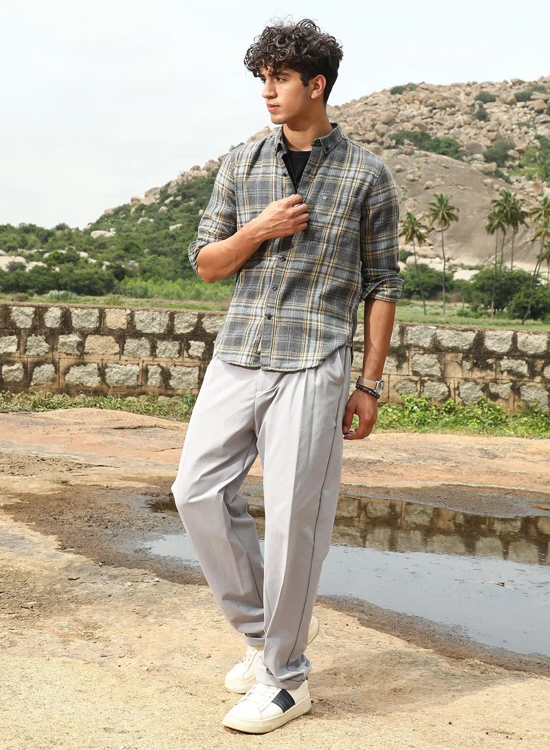 CAHOOT  Men's Coin Grey Tartan-Woven Regular Shirt for Men | Best Price UAE