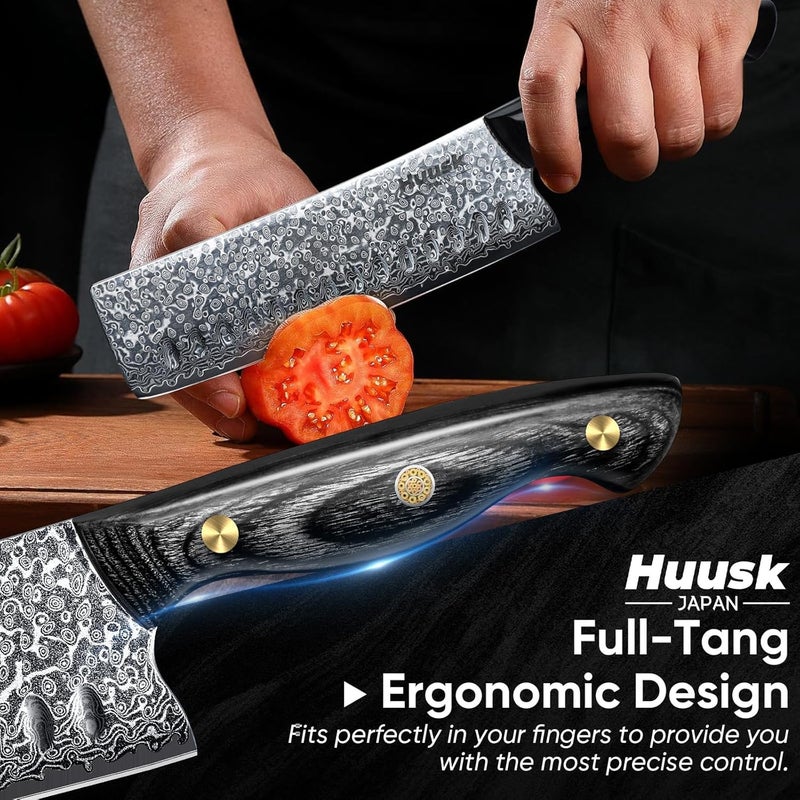 Huusk Damascus Nakiri Knife 7inch - Japanese Knives with Sharp Edge and Wooden Handle, Hand Forged Chef Knives for Home Use, Meat Vegetables Fish Knives, Christmas Gift for Men and Women - Image 5