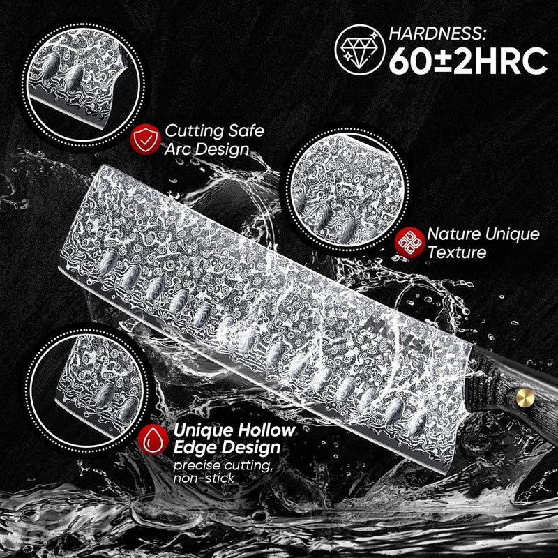 Huusk Damascus Nakiri Knife 7inch - Japanese Knives with Sharp Edge and Wooden Handle, Hand Forged Chef Knives for Home Use, Meat Vegetables Fish Knives, Christmas Gift for Men and Women - Image 4